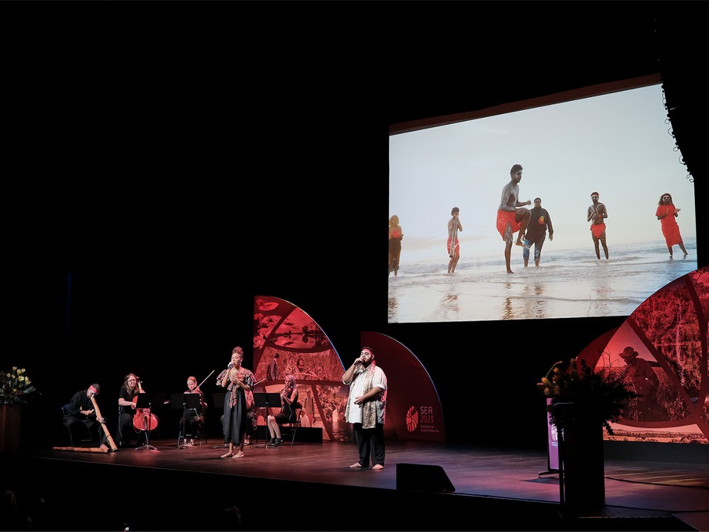 A Larrakia cultural performance at the SER2023 World Conference in Darwin