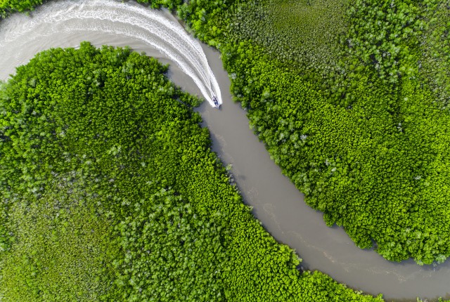Top down aerial photo of a boat going down a river