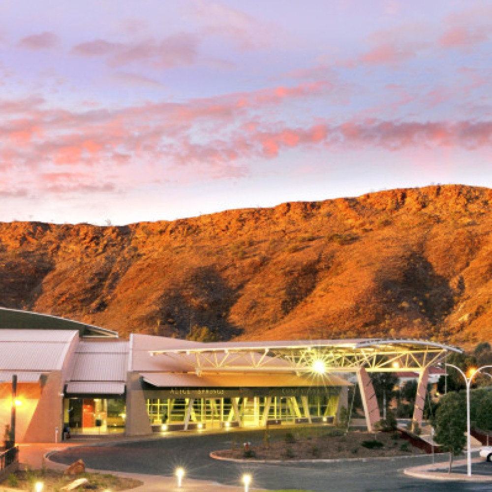 Alice Springs Convention Centre with backdrop of West MacDonnell Ranges