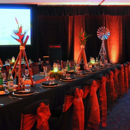 Indoor function room with set dining tables