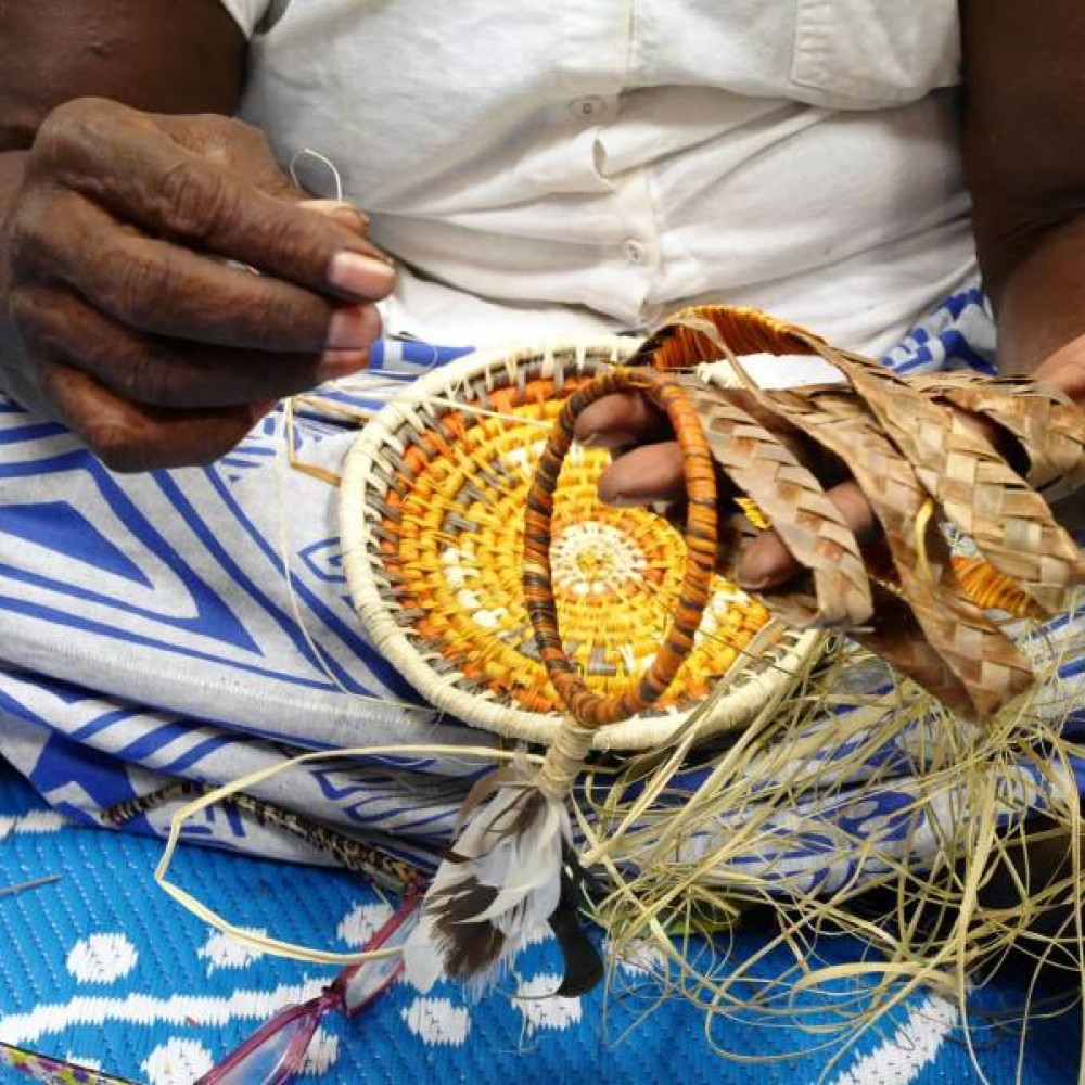 Close up of person weaving 